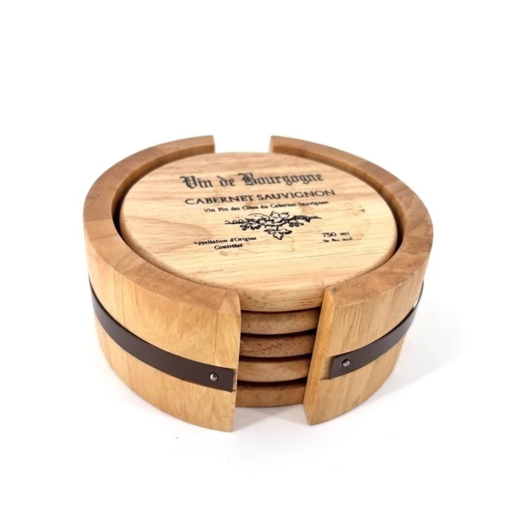 Wine Cask Wooden Coaster Set of 4 Cabernet Sauvignon w Barrel Holder